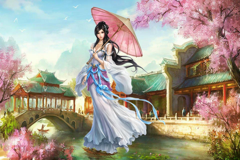 在古香古色的井栏边，一个扎着丸子头的可爱小女孩，拿着犀角状的坠子，独自玩耍。